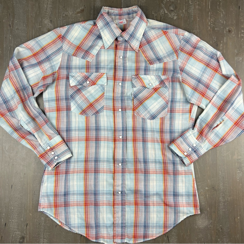 90s Y2K Levi's Men's Medium Plaid Shirt Pearl Snap Button Up Long Sleeve Western